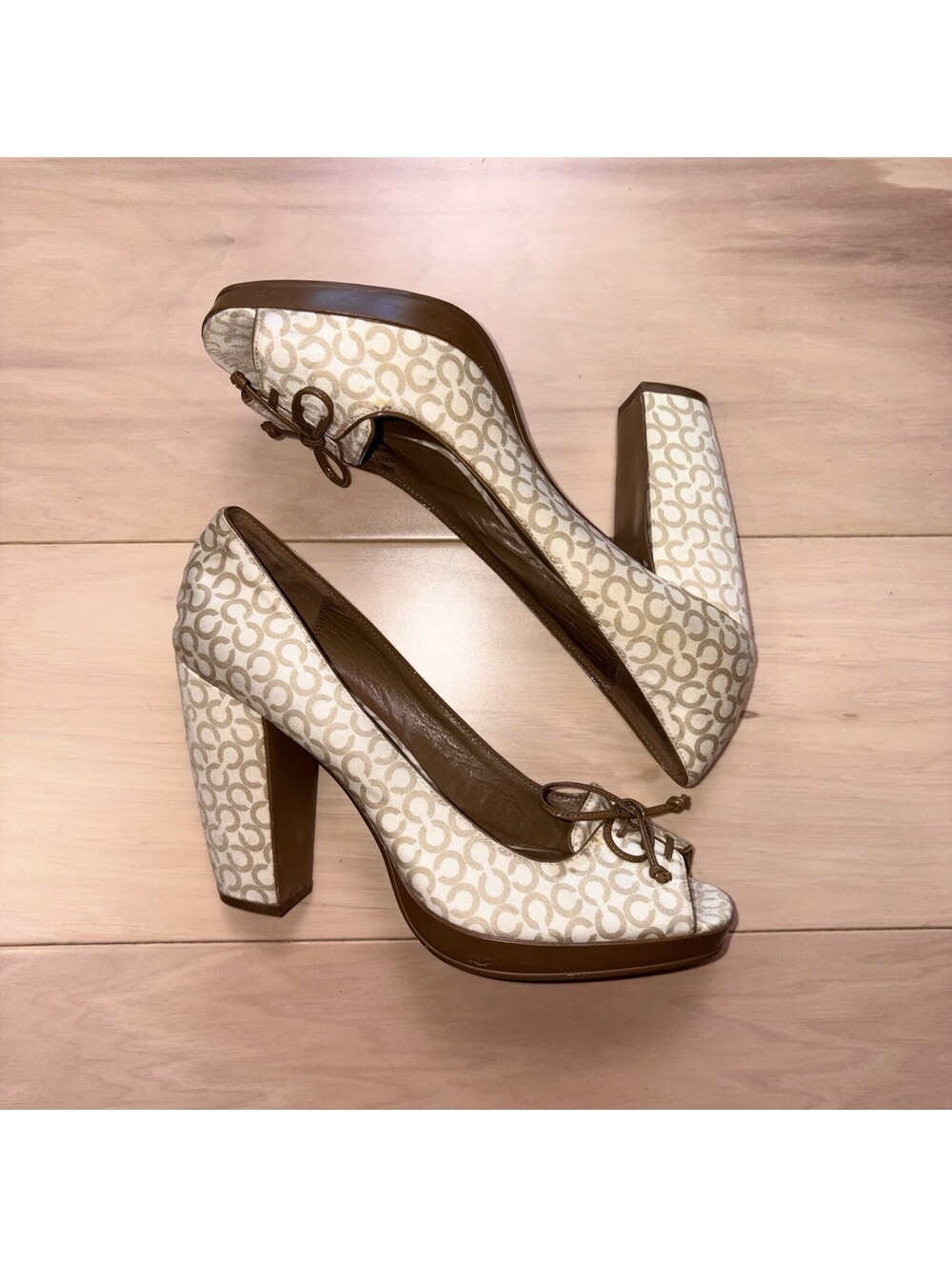 COACH Corey Pumps High Heel Bow Peep Toe Chunky Shoes 10 B Signature Lace Up - Picture 2 of 8